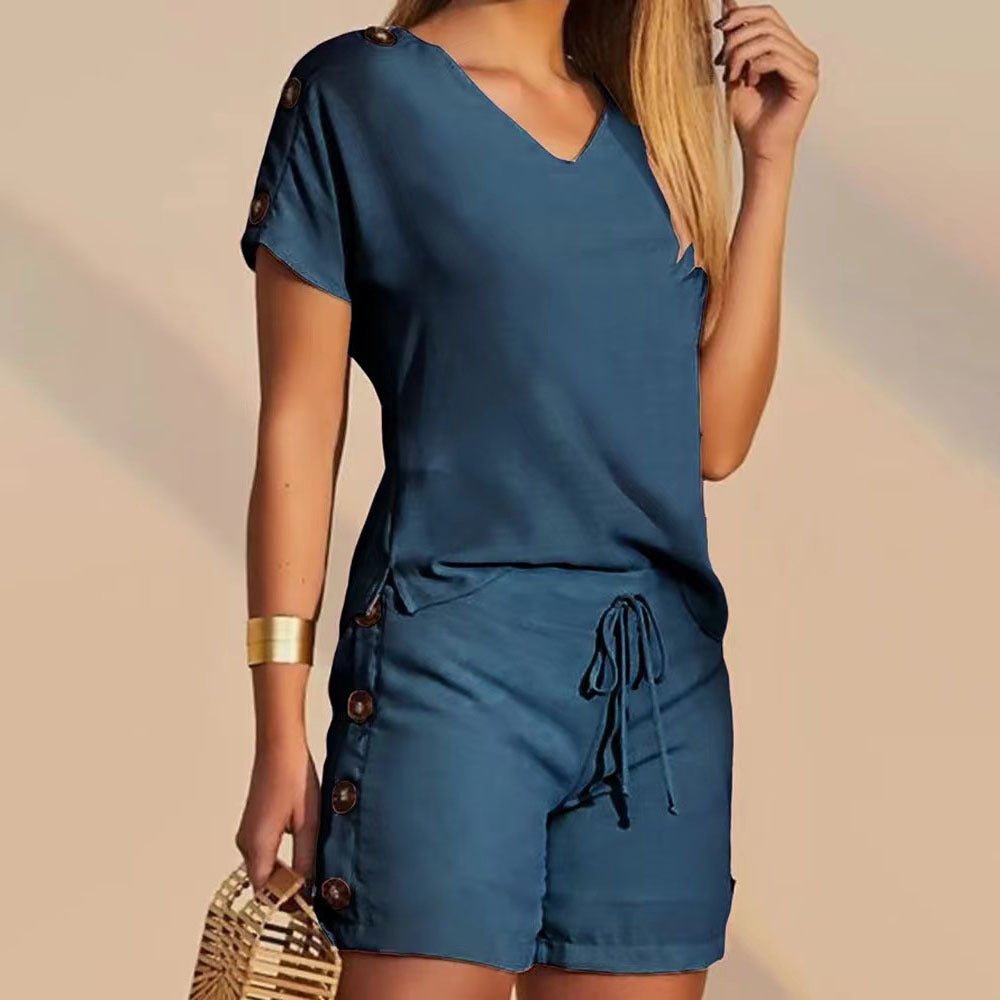 Comfortable Decorative Buttons Short - sleeved Shorts Suit - LADYLINE X