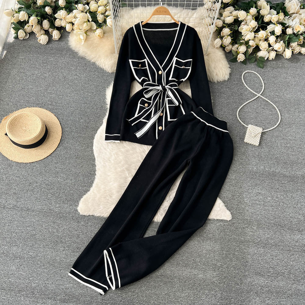 Contrast Color Suit Women's Long Sleeve V - neck Lace - up Knitwear Draping Wide Leg Trousers Two - piece Set - LADYLINE X