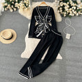 Contrast Color Suit Women's Long Sleeve V - neck Lace - up Knitwear Draping Wide Leg Trousers Two - piece Set - LADYLINE X