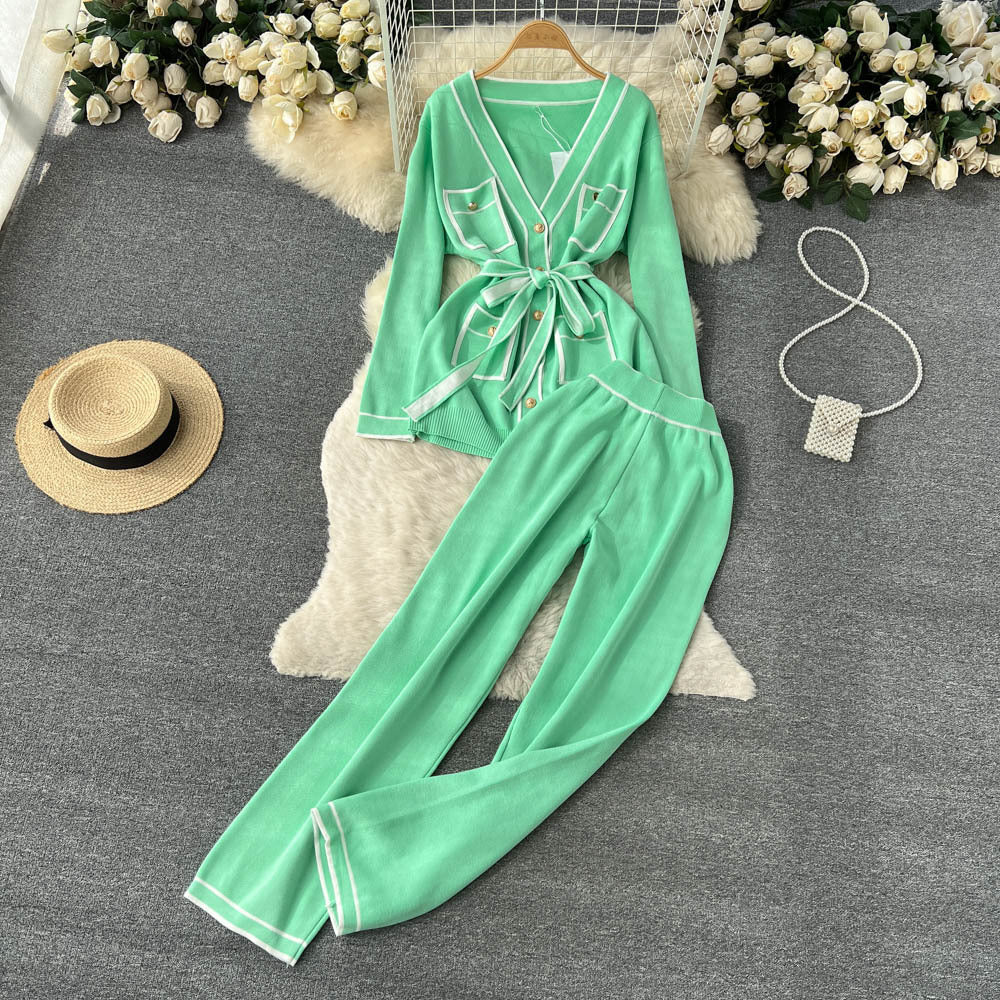 Contrast Color Suit Women's Long Sleeve V - neck Lace - up Knitwear Draping Wide Leg Trousers Two - piece Set - LADYLINE X