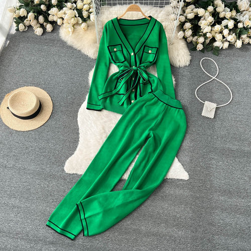 Contrast Color Suit Women's Long Sleeve V - neck Lace - up Knitwear Draping Wide Leg Trousers Two - piece Set - LADYLINE X