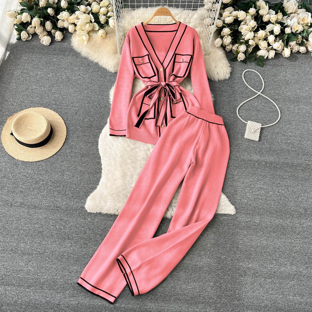 Contrast Color Suit Women's Long Sleeve V - neck Lace - up Knitwear Draping Wide Leg Trousers Two - piece Set - LADYLINE X