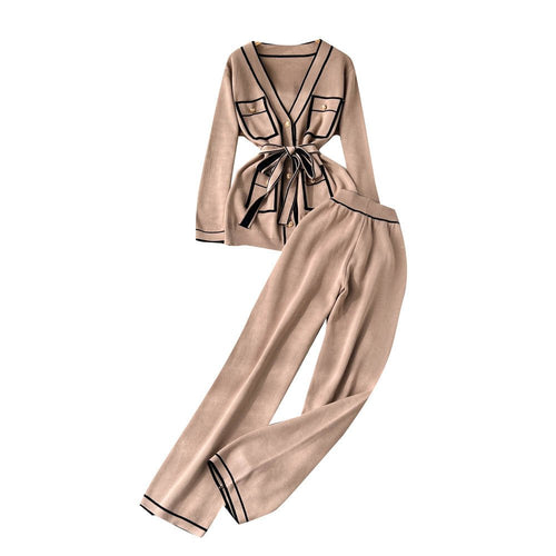 Contrast Color Suit Women's Long Sleeve V - neck Lace - up Knitwear Draping Wide Leg Trousers Two - piece Set - LADYLINE X