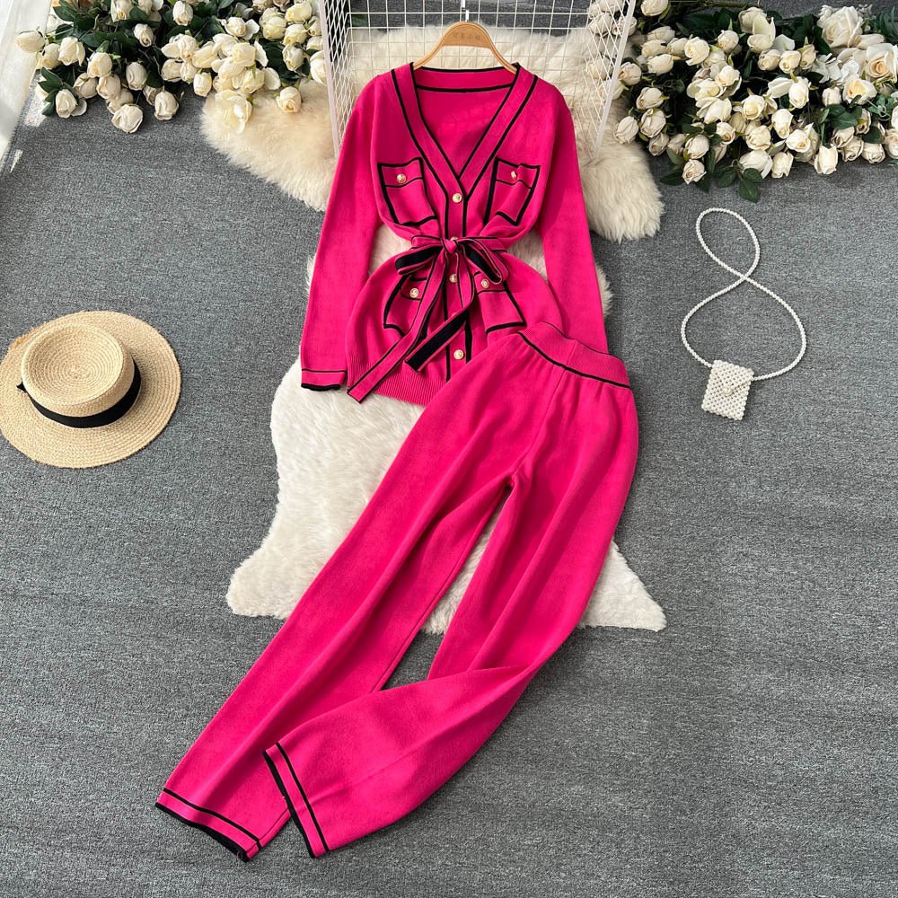 Contrast Color Suit Women's Long Sleeve V - neck Lace - up Knitwear Draping Wide Leg Trousers Two - piece Set - LADYLINE X