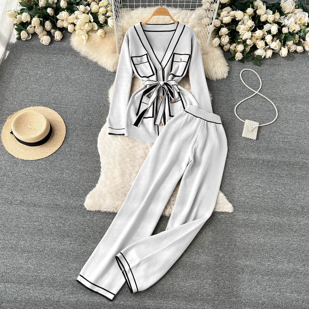 Contrast Color Suit Women's Long Sleeve V - neck Lace - up Knitwear Draping Wide Leg Trousers Two - piece Set - LADYLINE X