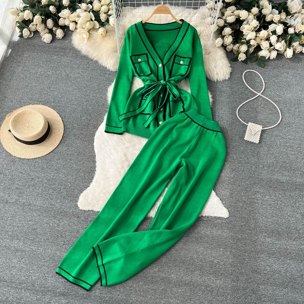 Contrast Color Suit Women's Long Sleeve V - neck Lace - up Knitwear Draping Wide Leg Trousers Two - piece Set - LADYLINE X
