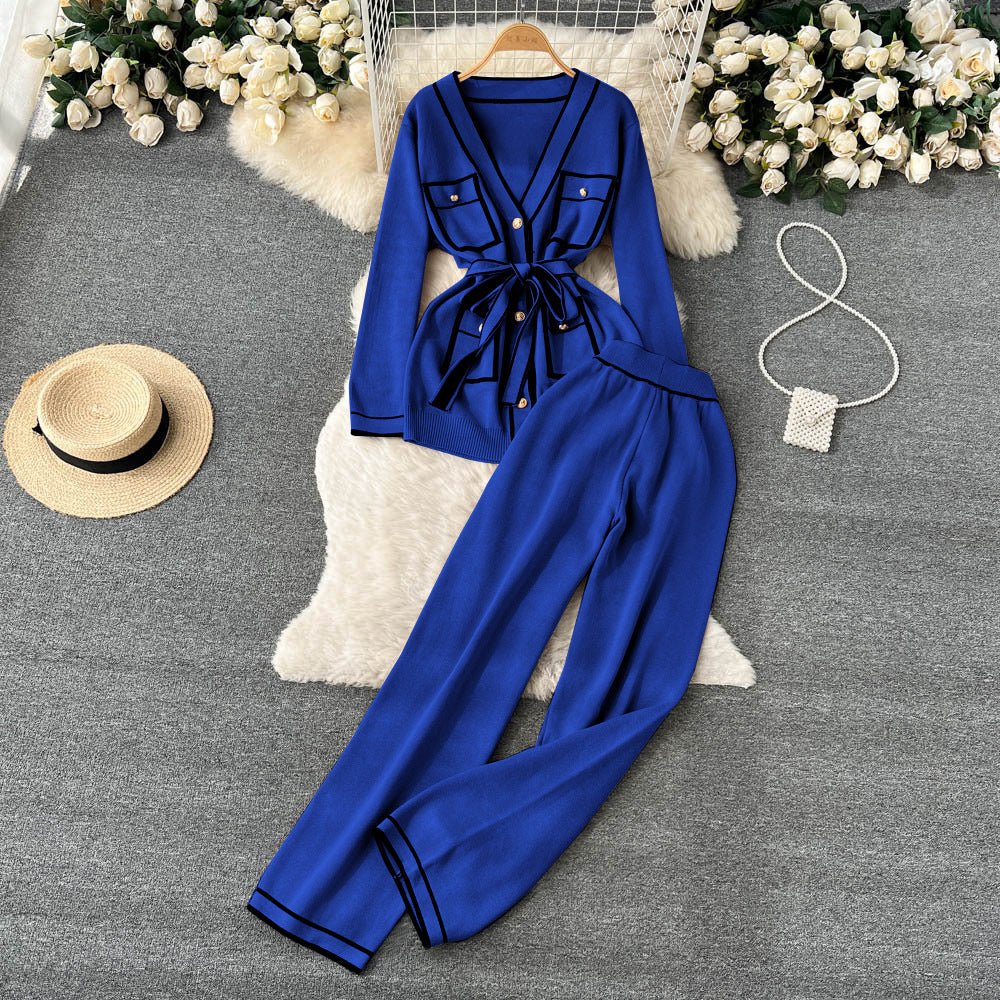 Contrast Color Suit Women's Long Sleeve V - neck Lace - up Knitwear Draping Wide Leg Trousers Two - piece Set - LADYLINE X