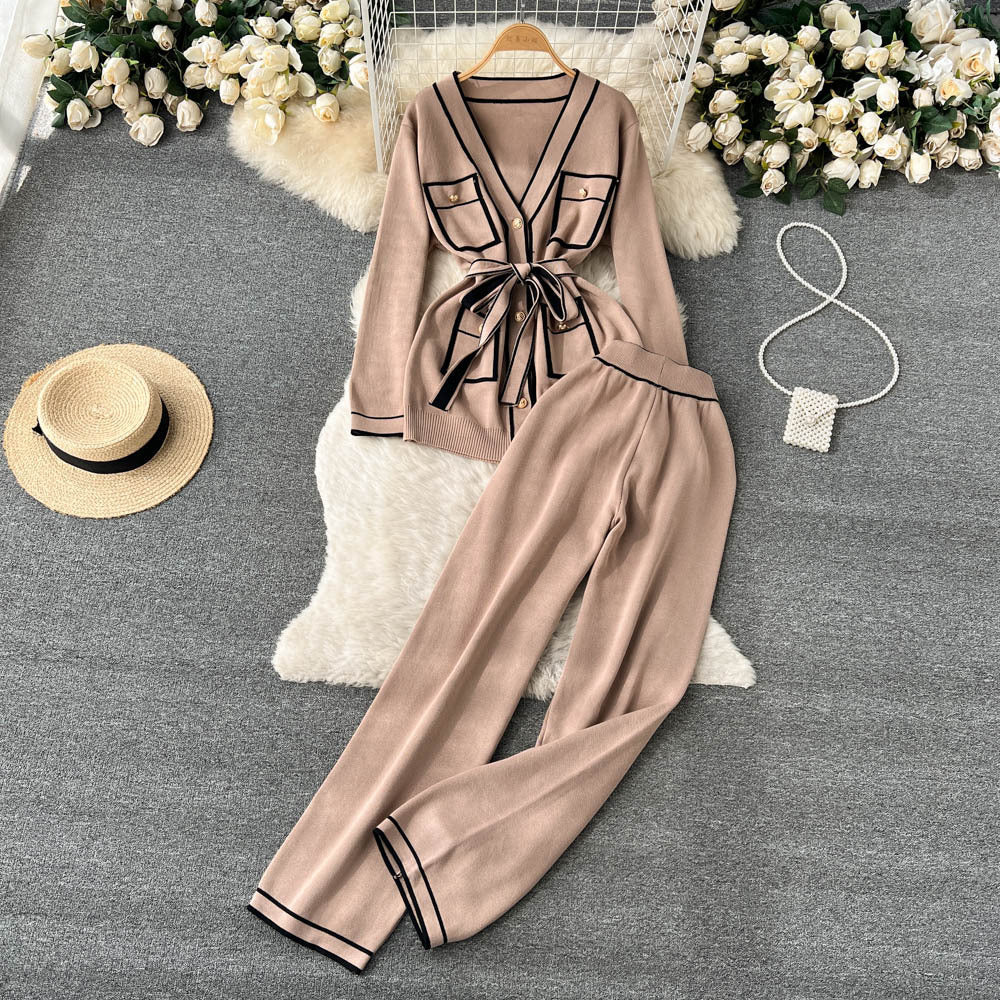 Contrast Color Suit Women's Long Sleeve V - neck Lace - up Knitwear Draping Wide Leg Trousers Two - piece Set - LADYLINE X