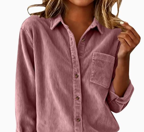 Corduroy Casual Loose Thick Shirt With Striped Turn - Down Collar And Long Sleeves - LADYLINE X