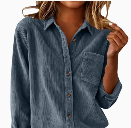 Corduroy Casual Loose Thick Shirt With Striped Turn - Down Collar And Long Sleeves - LADYLINE X