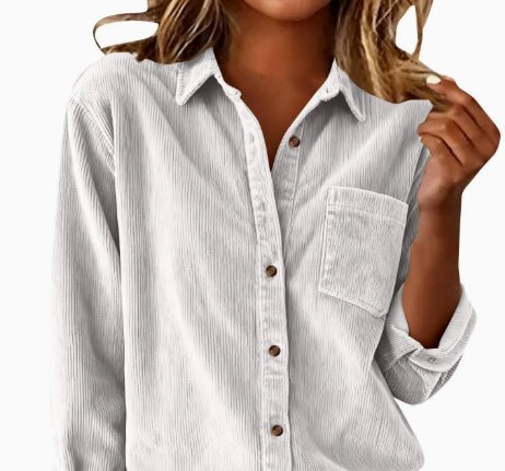 Corduroy Casual Loose Thick Shirt With Striped Turn - Down Collar And Long Sleeves - LADYLINE X