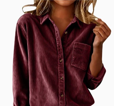 Corduroy Casual Loose Thick Shirt With Striped Turn - Down Collar And Long Sleeves - LADYLINE X