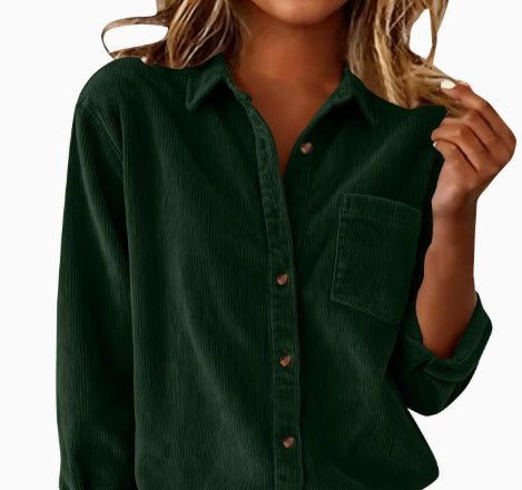 Corduroy Casual Loose Thick Shirt With Striped Turn - Down Collar And Long Sleeves - LADYLINE X