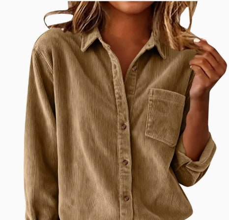 Corduroy Casual Loose Thick Shirt With Striped Turn - Down Collar And Long Sleeves - LADYLINE X