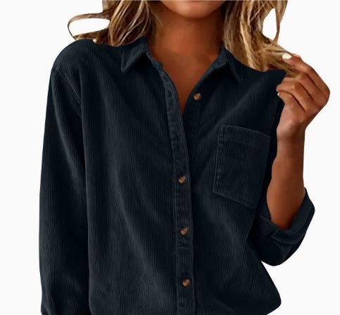 Corduroy Casual Loose Thick Shirt With Striped Turn - Down Collar And Long Sleeves - LADYLINE X