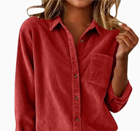 Corduroy Casual Loose Thick Shirt With Striped Turn - Down Collar And Long Sleeves - LADYLINE X
