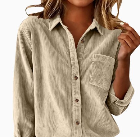Corduroy Casual Loose Thick Shirt With Striped Turn - Down Collar And Long Sleeves - LADYLINE X
