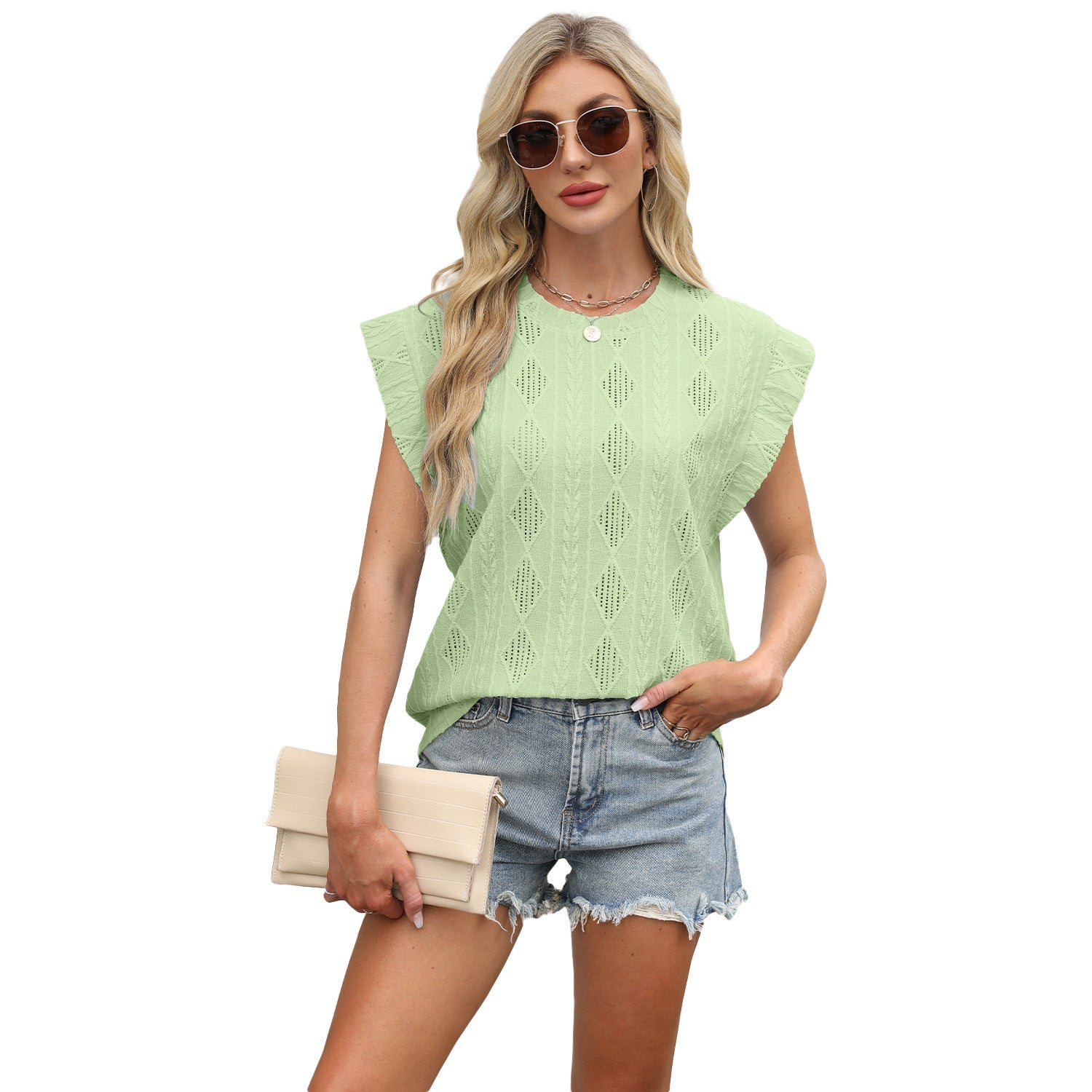 Crew - neck Loose - fitting Short - sleeve T-shirt With Jacquard Detailing Tank Top - LADYLINE X