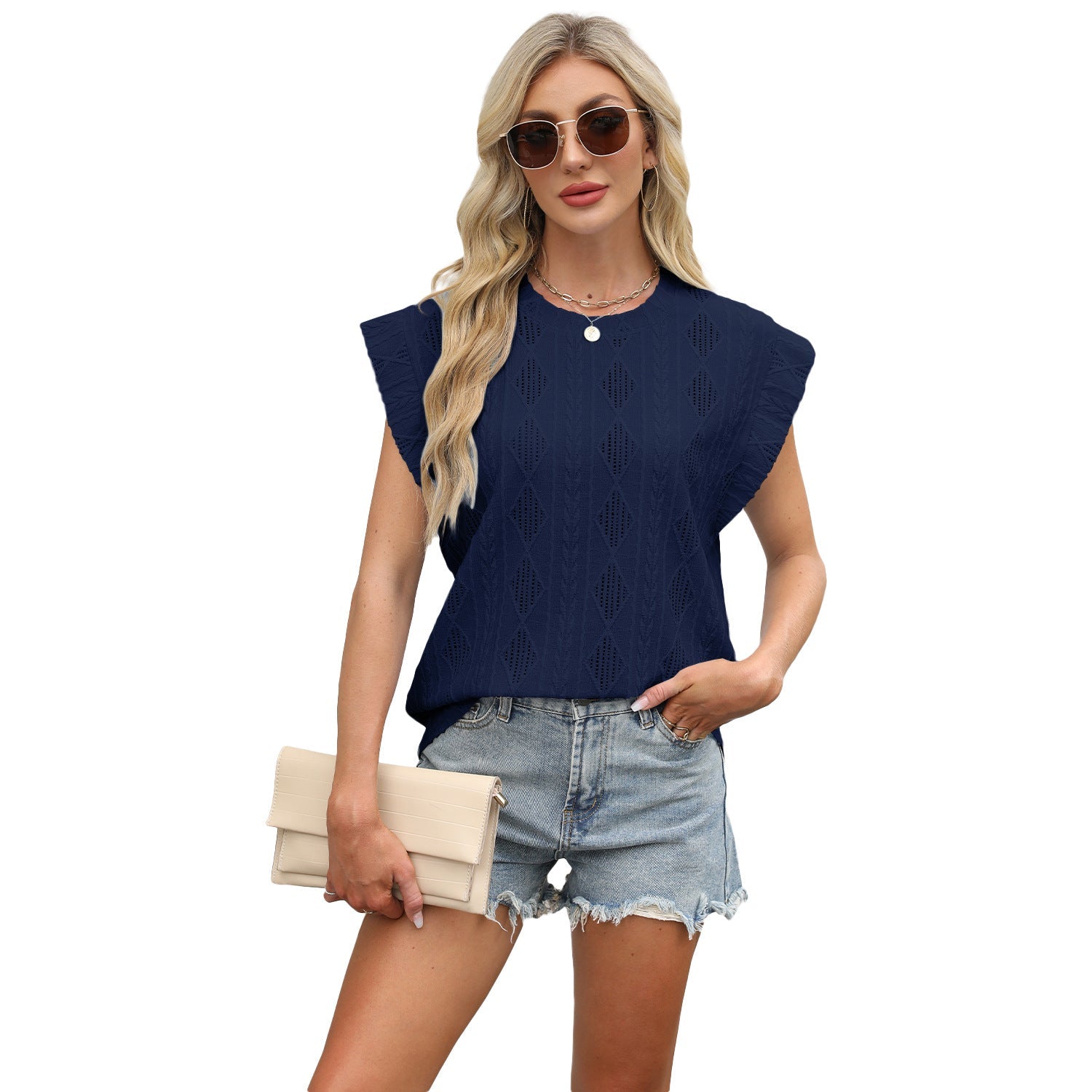 Crew - neck Loose - fitting Short - sleeve T-shirt With Jacquard Detailing Tank Top - LADYLINE X