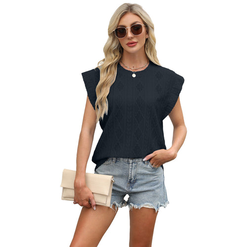 Crew - neck Loose - fitting Short - sleeve T-shirt With Jacquard Detailing Tank Top - LADYLINE X