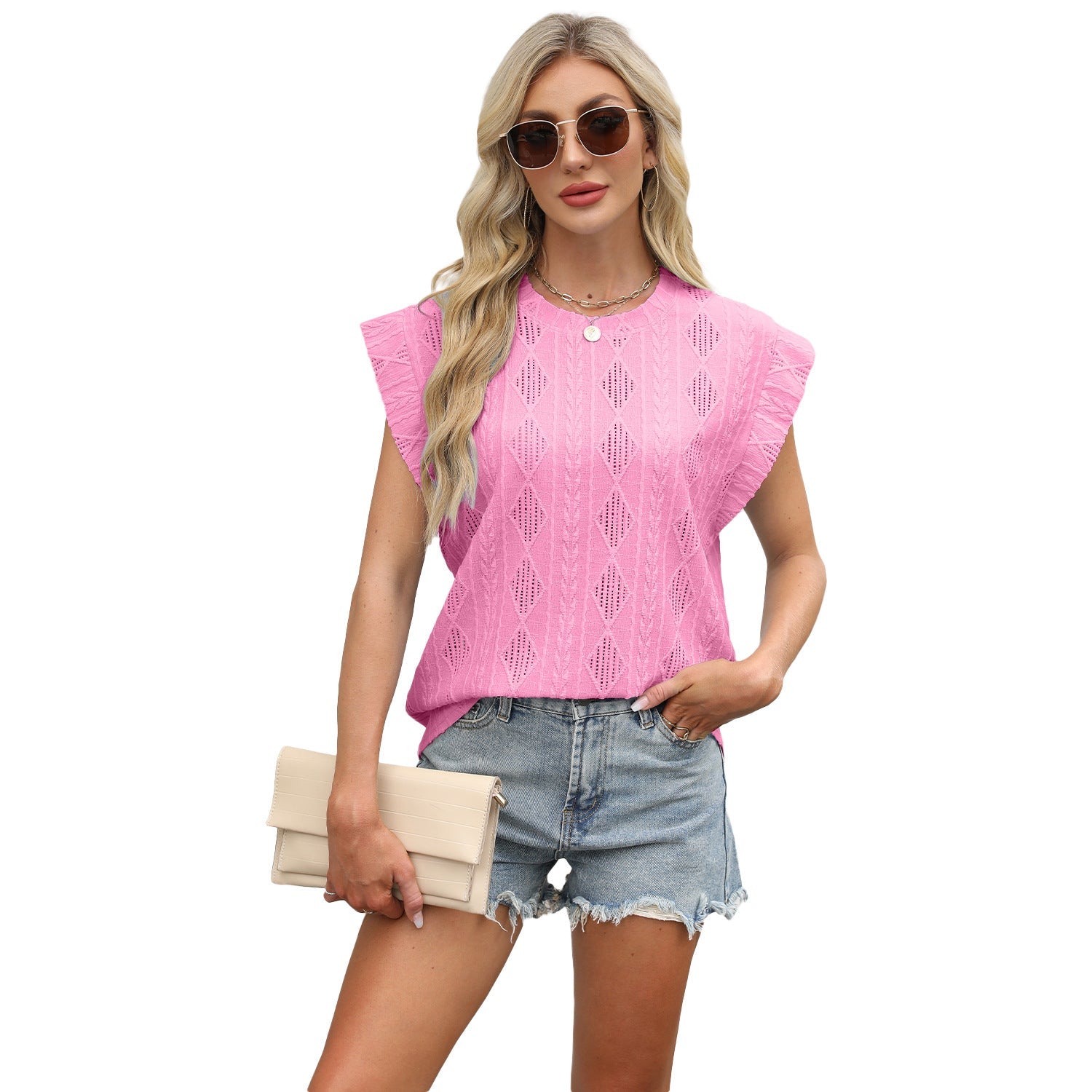 Crew - neck Loose - fitting Short - sleeve T-shirt With Jacquard Detailing Tank Top - LADYLINE X