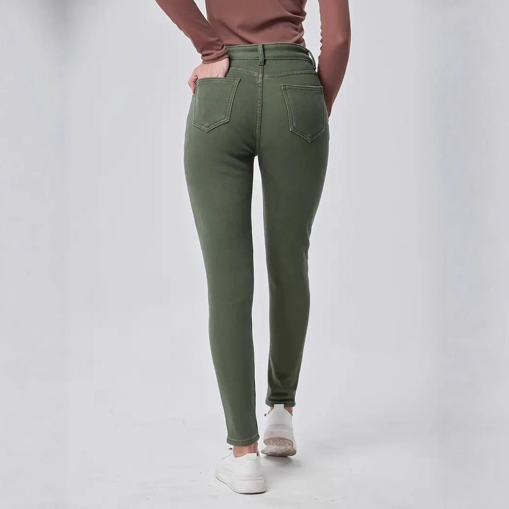 Dark Green Washed High Waist Slim Fit Skinny Denim Trousers - LADYLINE X