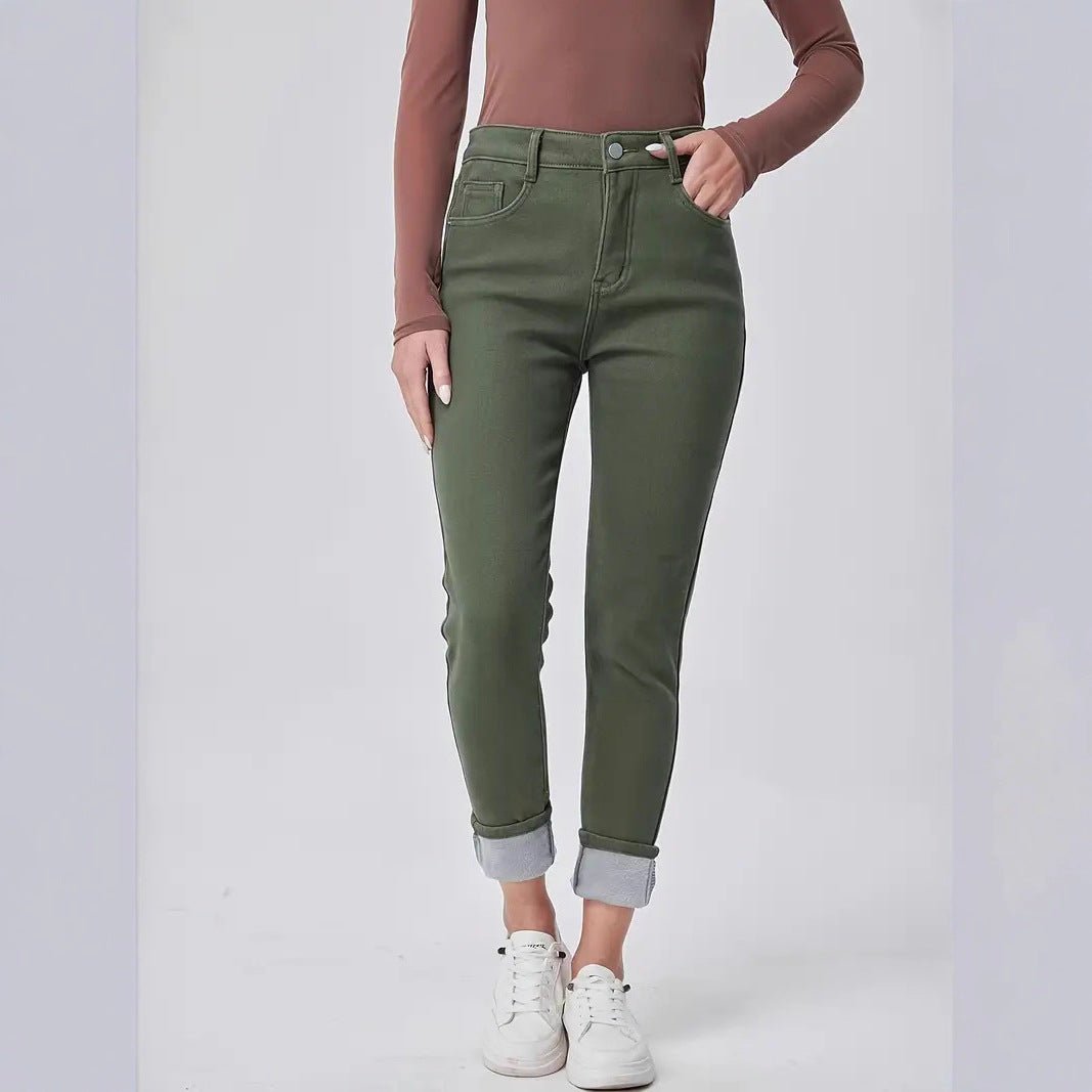 Dark Green Washed High Waist Slim Fit Skinny Denim Trousers - LADYLINE X