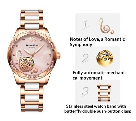Deyi Bird Wine - Red Note Hollowed - Out Fully Automatic Mechanical Women's Watch - LADYLINE X