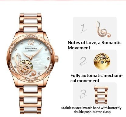 Deyi Bird Wine - Red Note Hollowed - Out Fully Automatic Mechanical Women's Watch - LADYLINE X