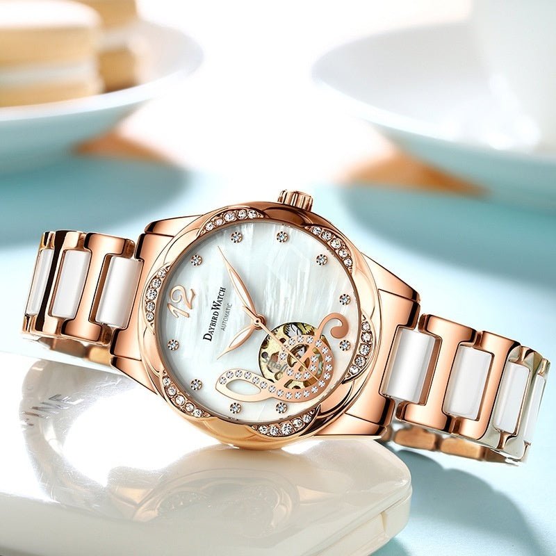 Deyi Bird Wine - Red Note Hollowed - Out Fully Automatic Mechanical Women's Watch - LADYLINE X