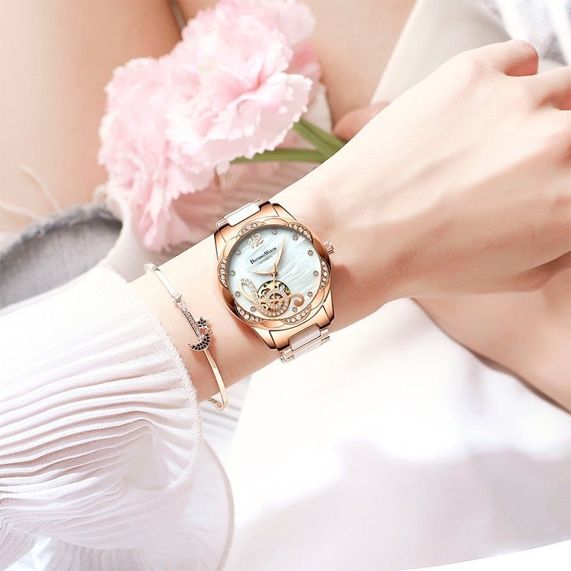 Deyi Bird Wine - Red Note Hollowed - Out Fully Automatic Mechanical Women's Watch - LADYLINE X