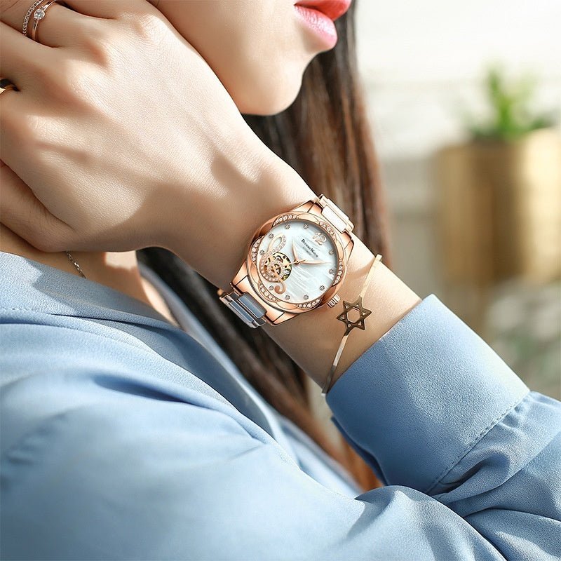 Deyi Bird Wine - Red Note Hollowed - Out Fully Automatic Mechanical Women's Watch - LADYLINE X