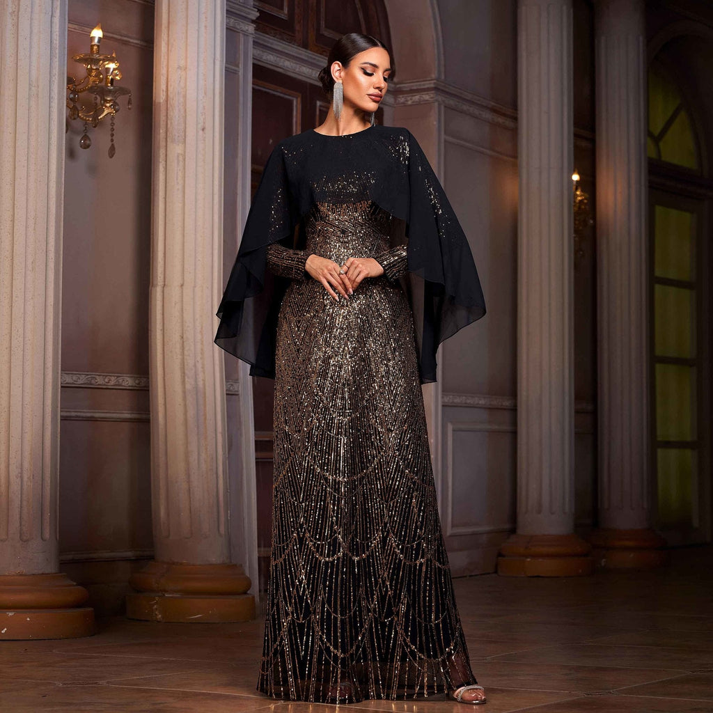 Elegant Long Sleeve Round Neck Shawl Banquet Sequined A - Line Evening Dress - LADYLINE X