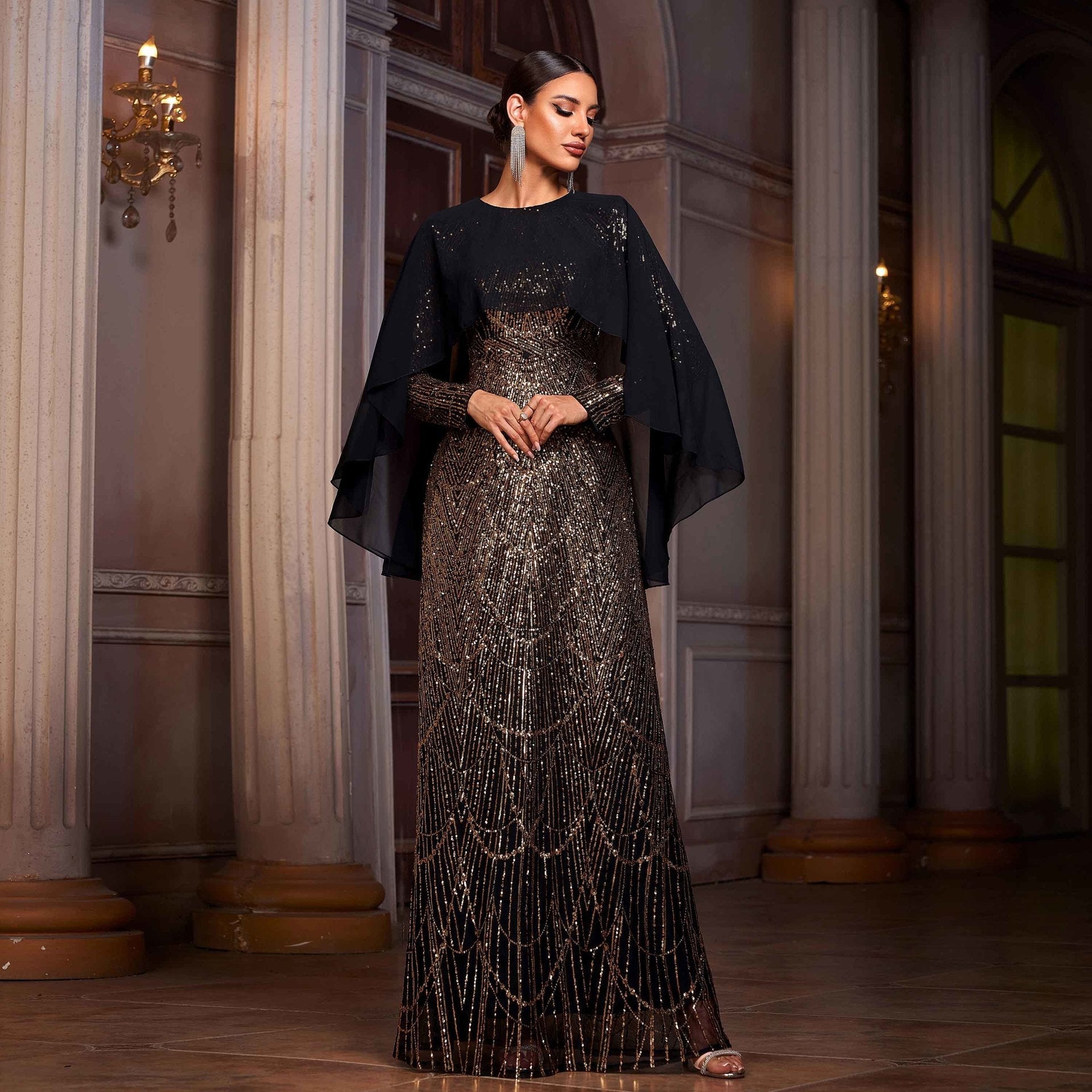 Elegant Long Sleeve Round Neck Shawl Banquet Sequined A - Line Evening Dress - LADYLINE X