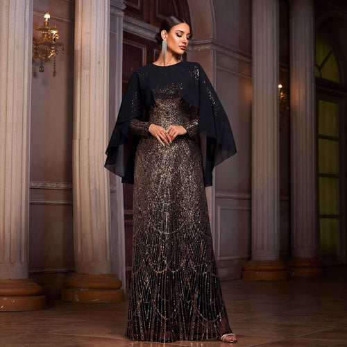 Elegant Long Sleeve Round Neck Shawl Banquet Sequined A - Line Evening Dress - LADYLINE X