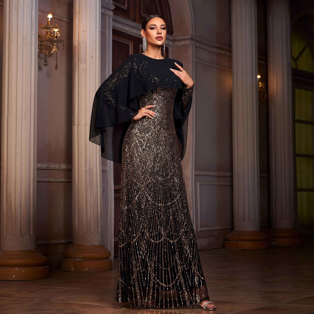 Elegant Long Sleeve Round Neck Shawl Banquet Sequined A - Line Evening Dress - LADYLINE X