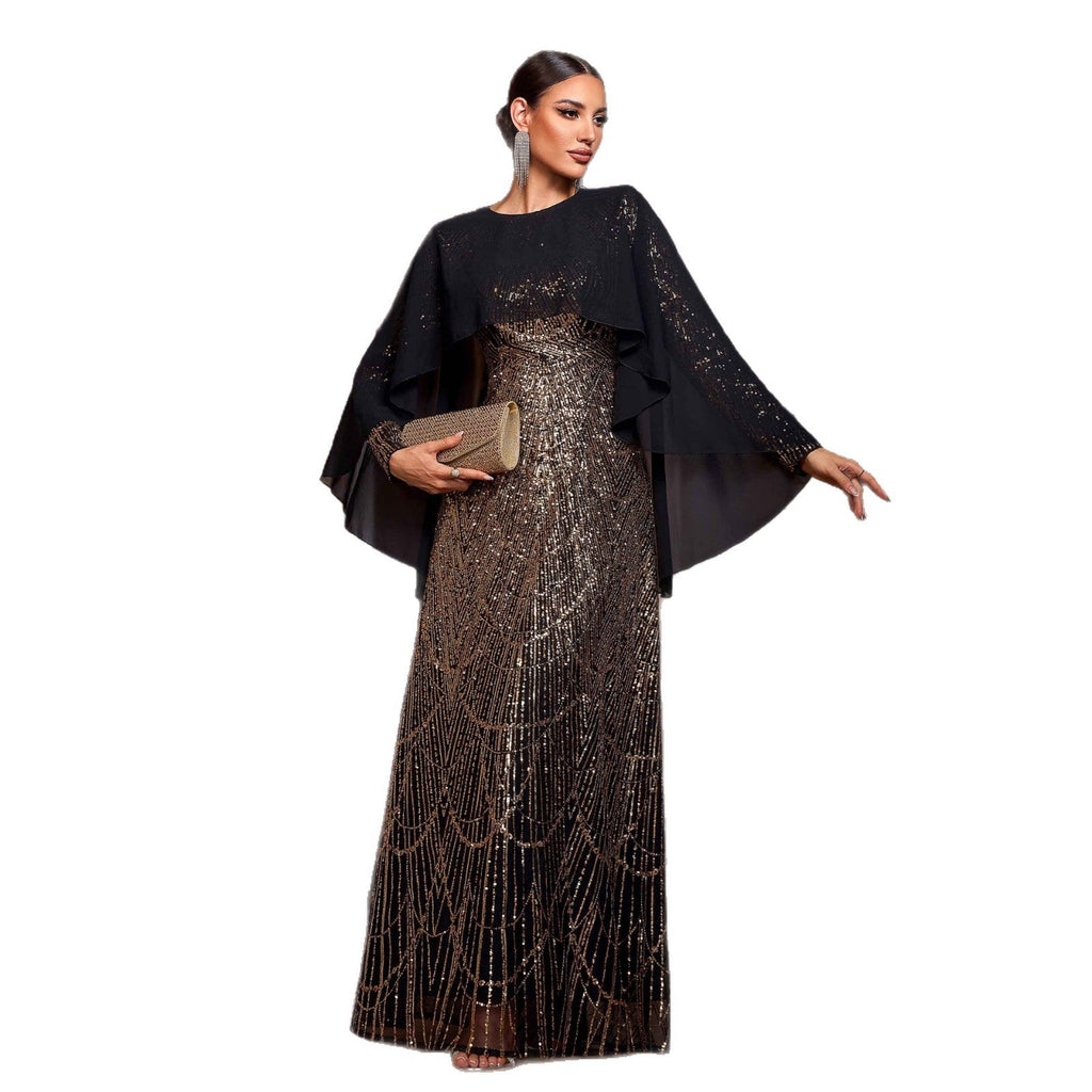 Elegant Long Sleeve Round Neck Shawl Banquet Sequined A - Line Evening Dress - LADYLINE X