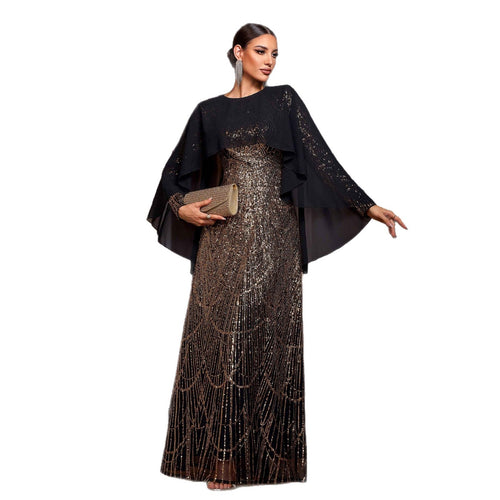 Elegant Long Sleeve Round Neck Shawl Banquet Sequined A - Line Evening Dress - LADYLINE X