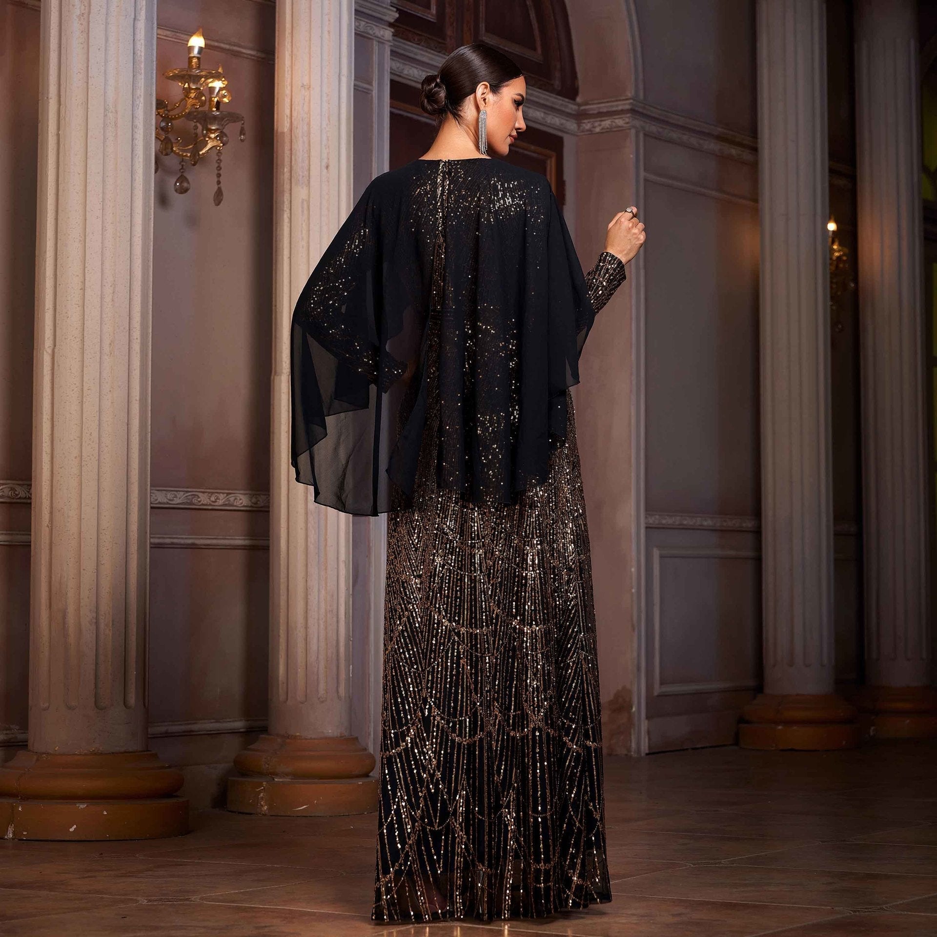 Elegant Long Sleeve Round Neck Shawl Banquet Sequined A - Line Evening Dress - LADYLINE X