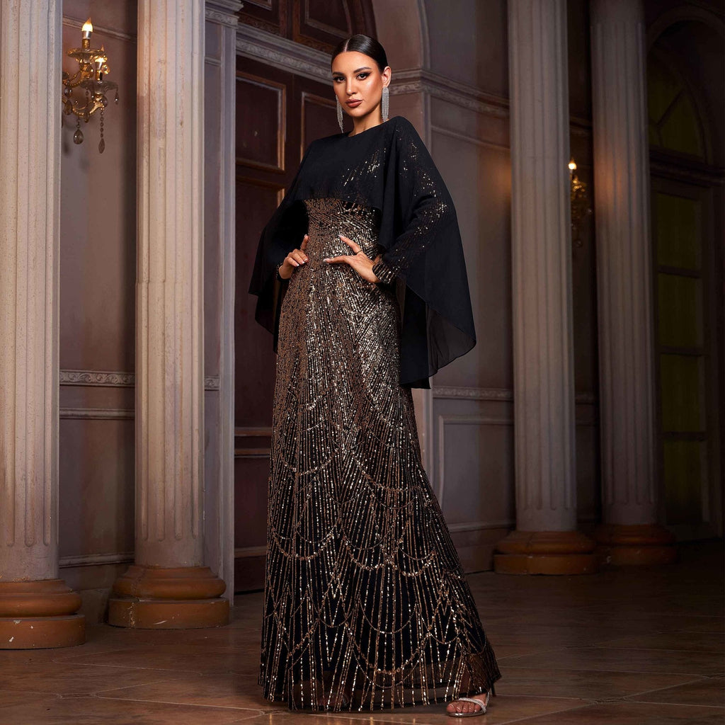 Elegant Long Sleeve Round Neck Shawl Banquet Sequined A - Line Evening Dress - LADYLINE X