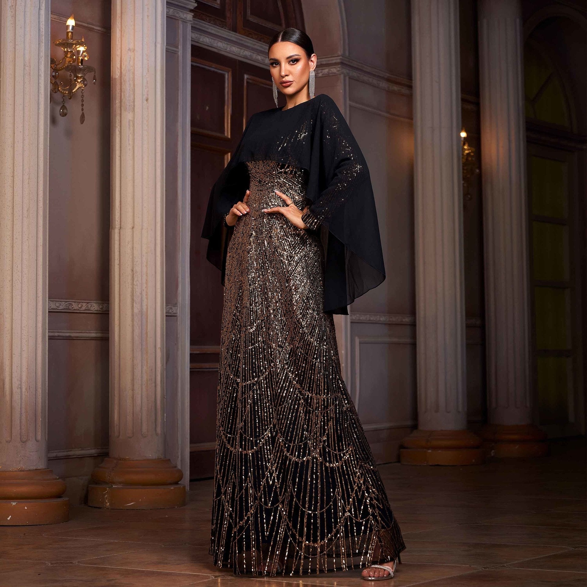 Elegant Long Sleeve Round Neck Shawl Banquet Sequined A - Line Evening Dress - LADYLINE X