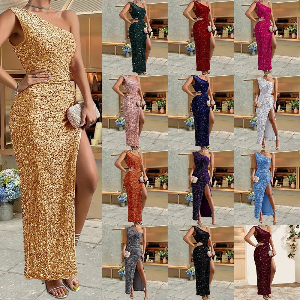 Elegant Sequined Shoulder Split Solid Color Dress Slim Club Party Dress Casual Asymmetric Sleeveless Long Dress - LADYLINE X