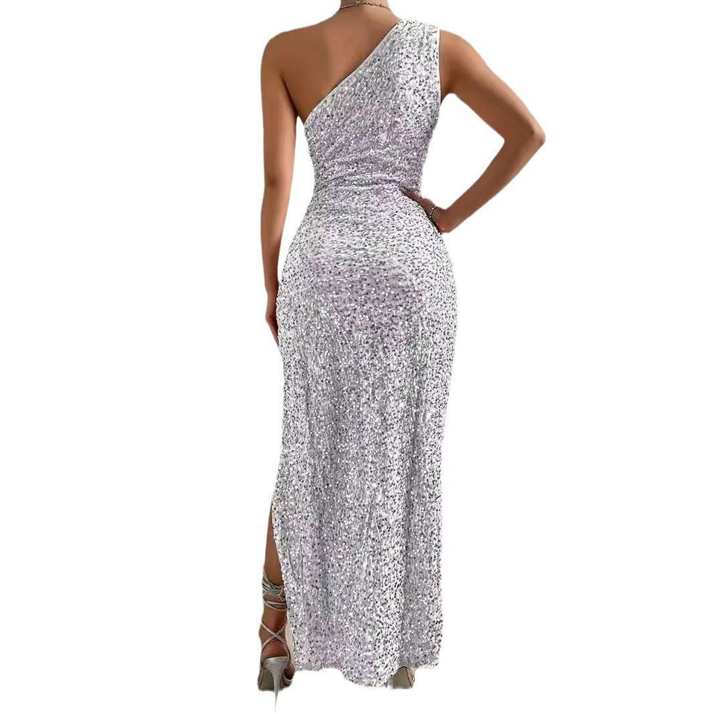 Elegant Sequined Shoulder Split Solid Color Dress Slim Club Party Dress Casual Asymmetric Sleeveless Long Dress - LADYLINE X