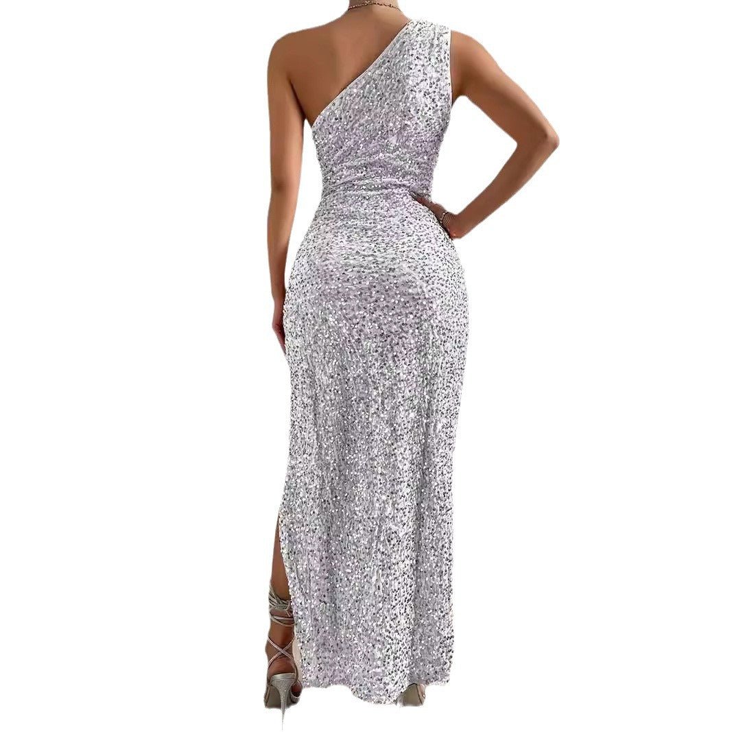 Elegant Sequined Shoulder Split Solid Color Dress Slim Club Party Dress Casual Asymmetric Sleeveless Long Dress - LADYLINE X