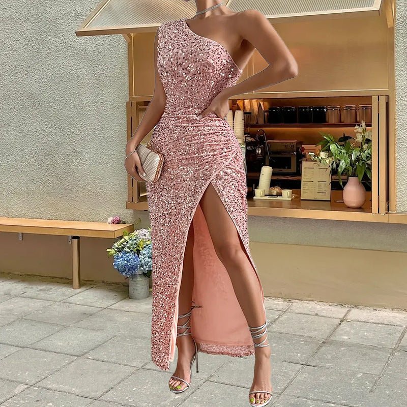 Elegant Sequined Shoulder Split Solid Color Dress Slim Club Party Dress Casual Asymmetric Sleeveless Long Dress - LADYLINE X