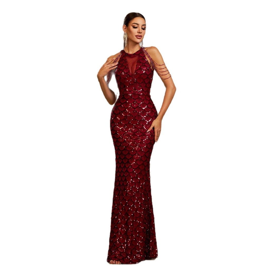 Elegant Sleeveless Round Neck Sequins Slim Sheath Banquet Fishtail Dress - LADYLINE X