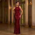 Elegant Sleeveless Round Neck Sequins Slim Sheath Banquet Fishtail Dress - LADYLINE X