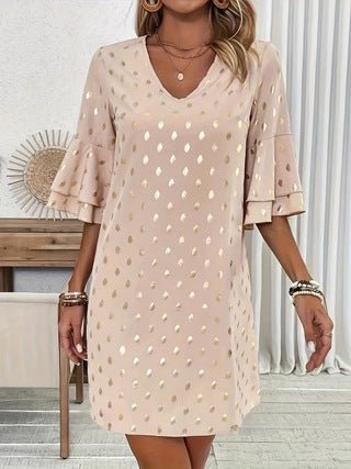 Elegant V - Neck Flared - Sleeve Polka - Dot Gold - Stamped Womens Dress - LADYLINE X