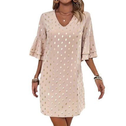 Elegant V - Neck Flared - Sleeve Polka - Dot Gold - Stamped Womens Dress - LADYLINE X