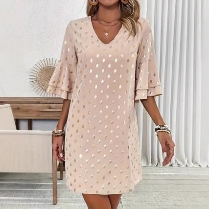 Elegant V - Neck Flared - Sleeve Polka - Dot Gold - Stamped Womens Dress - LADYLINE X
